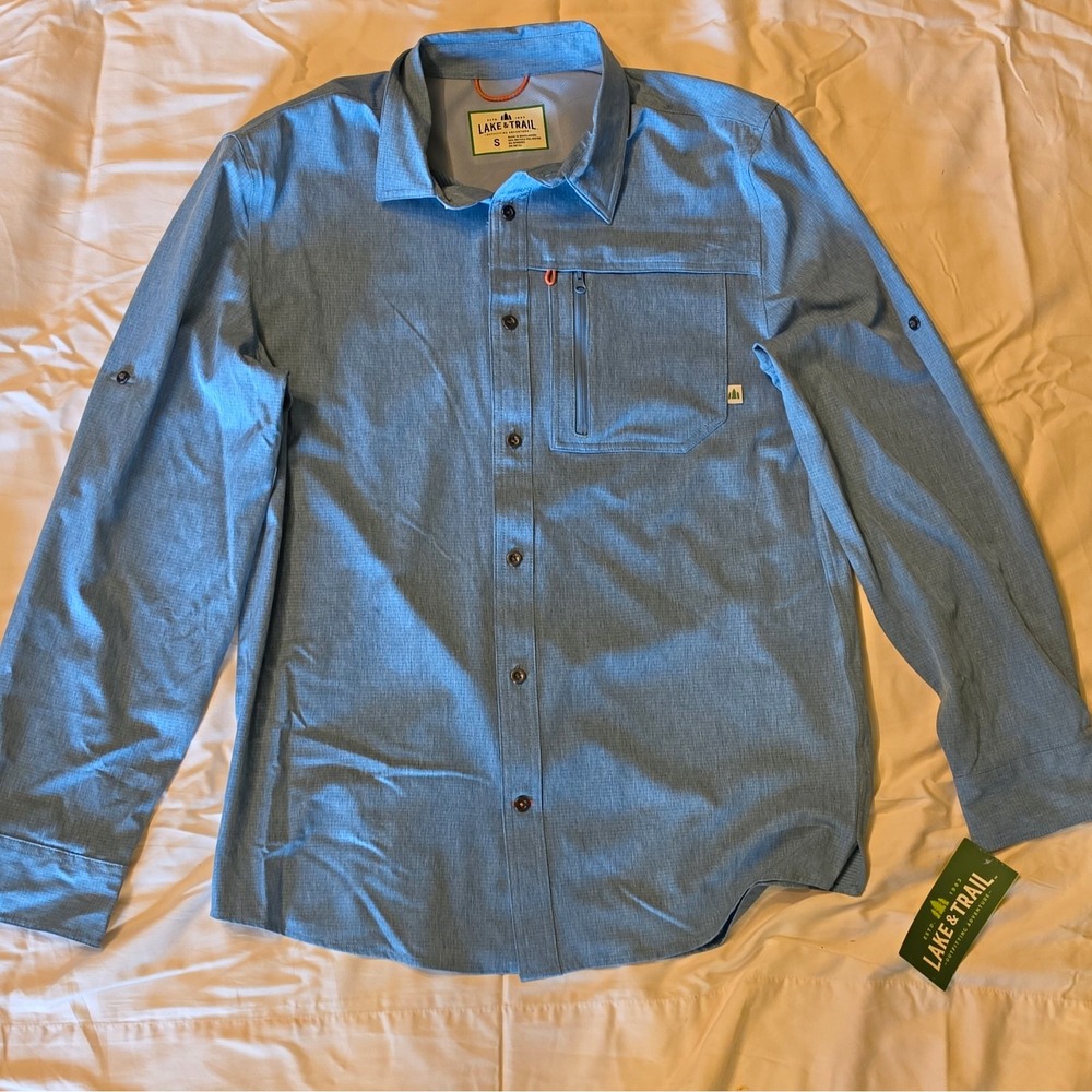 Lake & Trail Men's Woven Long Sleeve Button-Up UPF 30 Recycled Poly S Blue #67